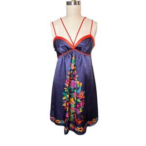 Boho Floral Voom Joy Han 100% Silk Empire Waist Mini Dress S Navy Blue Vintage